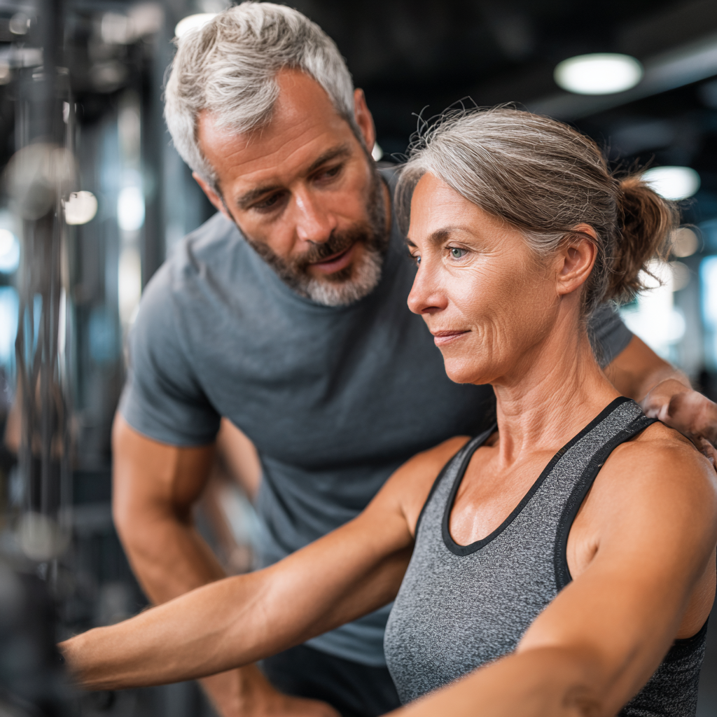 experienced trainer working with senior adult in modern fitness facility